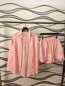 Imported Women's Linen Set / Button / Lining / / Women's - Berwarna merah muda - View 1