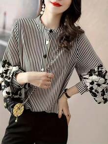 Women's Fashion Loose Striped Button-Front Shirt With Floral Patchwork, Flared Long Sleeves, Stand Collar, Woven Fabric, Autumn Top - Black and White - View 1