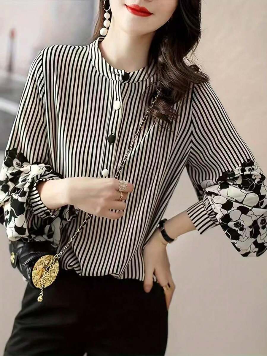 Women's Fashion Loose Striped Button-Front Shirt With Floral Patchwork, Flared Long Sleeves, Stand Collar, Woven Fabric, Autumn Top - Black and White - View 1