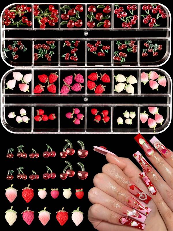 2Box Multiple Shapes 3D Ice Transparent Cartoon Fruit Cherry Nail Charms And Strawberry Charms Cute Flatback Red Cherry Charms For Nails Design Decor Kawaii Resin Fruits Leaf Cherries Nail Charm Nails Supplies Accessories