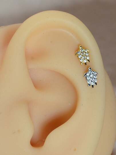 1PC Delikatne złote kolczyki ze stali nierdzewnej, kobiece, urocze małe żółwie morskie, kolczyki z cyrkonii, płaskie z tyłu, chrząstka, helisa, antyskrawek, standardowa biżuteria do piercingu płatka ucha, 20G