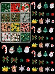1Box Random Mixed ABS Christmas Nail Charms Cute Santa Claus Snowman Reindeer Christmas Tree Bells Red And Green Bows Suitable For Use At Festival Parties Nail Art Accessories DIY