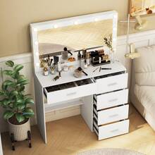 Makeup Vanity With Lights,Vanity Desk With Mirror And Stool,White Dresser Table With Drawers And Open Shelves,3 Color Modes,10 LED Light,Sliding Mirror,Adjustable Brightness,Modern Wood Vanity Desk Set For Bedroom,Bathroom,Halloween Gift For Women - 白色 - 查看 5