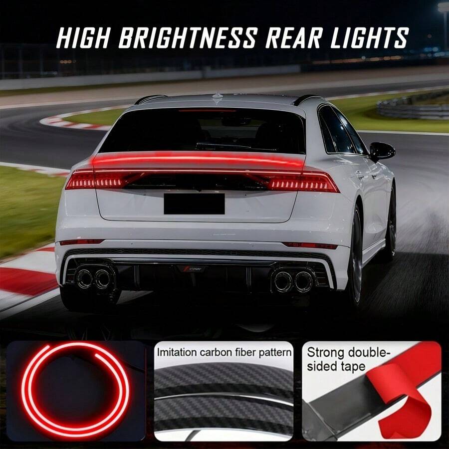 Barra de luces traseras LED de 1 pieza, 120 cm (48 pulgadas) - Luz de carreras roja de alta intensidad para autos, camionetas y SUV con carcasa de fibra de carbono, efecto cinta y montaje cableado de 12 V CC - Montaje adhesivo/con enganche fácil para conducción nocturna y estilo, 12 V, cableado, sin baterías - Luz trasera - 1,2 m - Ver 1