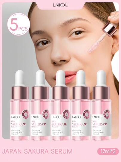 5pcs LAIKOU Japanese Cherry Blossom Deep Nourishing Facial Essence, 17ml, Skin Revitalizing Essence, Pore Minimizing, Facial Care, Gift For Women, Moms, Wives, Sisters, Girls, Girlfriends, Skincare SPA, Mother's Day