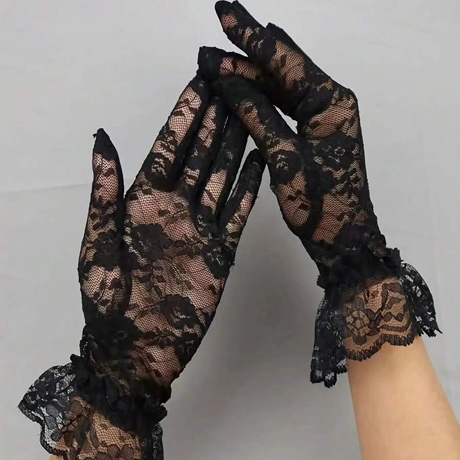 1 Pair Of Elegant White Lace Fingerless Women's Gloves - Breathable Mesh And Floral Pattern, Elastic Fit, Decorative Wedding Bride Gloves With Ruffled Cuffs, Perfect For Summer Outings, Lace Gloves - 黑色 - 查看 1