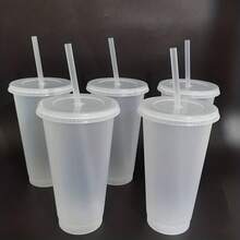 5pcs 24oz Reusable Plastic Cups With Straw And Lid, Durable Water Cup Tumbler, 710ml Large Capacity Lightweight For Carrying, Iced Coffee Straw Cup, Large Water Bottle Travel Cup, Summer Party Bulk Cold Drinks, Suitable For Adults, Perfect For Halloween Party, Birthday And Christmas Gifts - 透明 - 查看 8