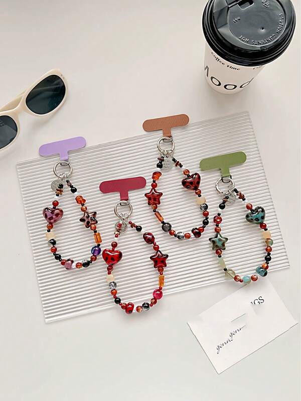 Leopard Print Amber Crystal Bracelet, Fashionable Women Phone Lanyard With Fur Ball Pendant, Beaded Chain Short Phone Strap For Outdoor Travel Shopping, Anti-Lost Anti-Theft Phone Holder