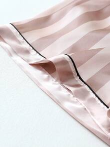 2pcs Satin Striped Short Sleeve Collared Top And Bow Tie Striped Shorts Pajama Set For Women, Summer - Grey - View 7