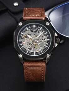 LONGLUX 1 pieza Reloj de pulsera casual para hombres con correa automática, mecánica y resistente al agua - Café integral - Ver 8