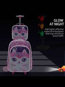 BLING BABIES 3件套拉杆背包，可爱卡通猫咪亮片设计，适合学生，带轮子，包含午餐盒和铅笔盒 - 粉色 - 查看 10