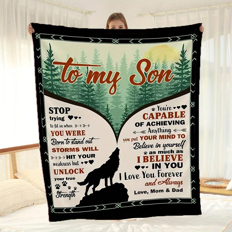 I'm Giving My Son A Fleece Blanket - A Heartwarming Design With Heartfelt Messages, A Heartfelt Message Design, Made With Love,Super Soft Flannel Printed  Blanket, As Birthday Gifts, Family, Wedding, Souvenir Blankets, Polyester Blankets Suitable For All Seasons, Washable, Machine Washable, Lightweight, Breathable, Comfortable, Warm, Unique, 280gsm For HimPersonalized Ideal Gifts For Her.  Perfect Nap, Camping, Travel, Home, Daily Life, Office Decoration, Birthday, Anniversary, Valentine's Day, Thanksgiving, Christmas, Halloween, Wedding, New Year Gifts ,Sofa,Bed,Car,Bedroom,Living Room,Office,  Outdoor Camping, Beach,Wall Decoration - Nhiều màu 2 - Xem 1