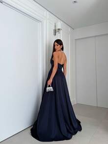SATIN PARTY DRESS WEDDING BRIDESMAIDS GRADUATES STRAP-OFF - NAVY BLUE - View 2