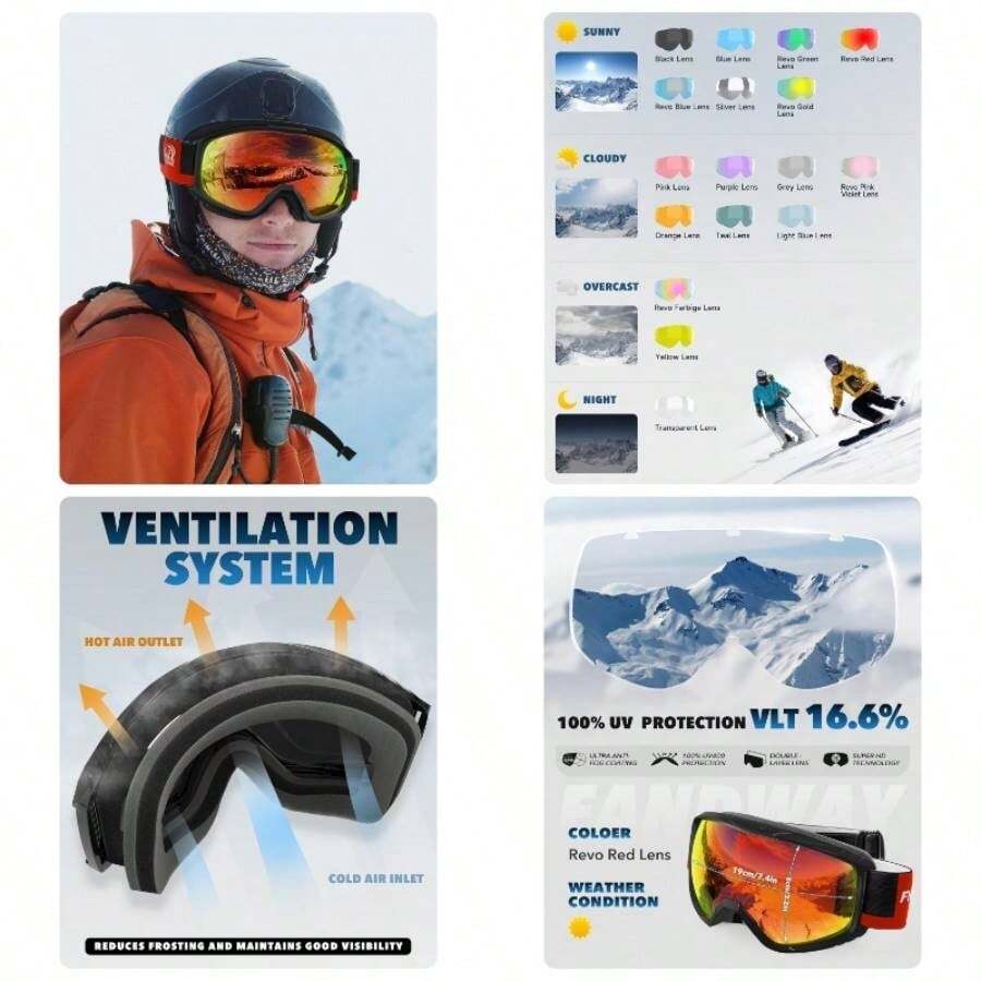 - Goggles de esqu OTG para adultos y jvenes, para mujeres y hombres, de nieve, lentes intercambiables antivaho para snowboard - Marco A6-negro Revo Red Lens Vlt 20% - Ver 1