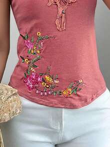 Blusa con bordado alegre con flores coloridas manga corta, aplicación en el cuello de encaje, artesanal, casual, diario, cuello redondo, fresco - Rosa Pálido - Ver 2