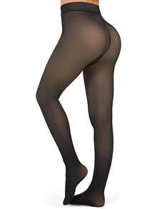 Fleece Lined Sheer Warm Pantyhose Leggings Translucent Thermal Winter Thick Tights Dresses, Women's Style 5FUO - 黑色褲襪 - 查看 1