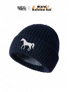 1 pieza Gorro de punto con bordado de caballo blanco para hombres, gorro unisex con forro polar cálido de estilo Y2K, gorra resistente al viento, regalo ideal para amigos y familiares, otoño/invierno