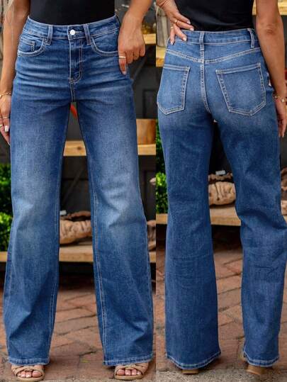 2025 Neue Damen hohe Taille Straight-Leg Jeans - Vintage ausgewaschenes dunkelblau Denim, schlank geschnitten mit eingebauten Reißverschluss, maschinenwaschbare Lässig Hosen für vielseitigen Einsatz in allen Jahreszeiten