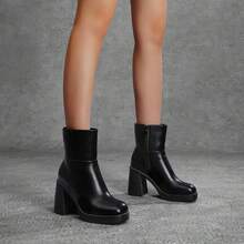 Athlefit Women's Block Heel Ankle Boots - Thick Platform Square Toe Dress Booties With Non-Slip Sole - 黑色 - 查看 4
