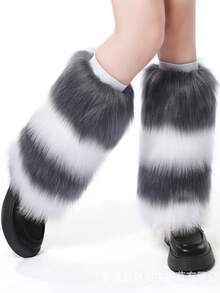 Women Faux Fur Furry Leg Warmers Girls Knee High Thick Socks Winter Boot Cuffs Cover Plush Ravewear Party Costumes - 黑綠 - 查看 5