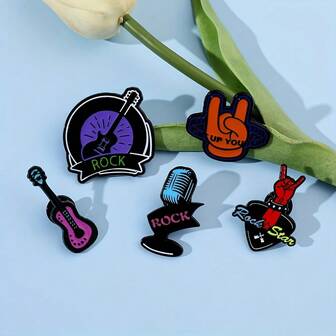 5件套摇滚音乐系列胸针套装，包含麦克风、吉他、手势图案，复古“摇滚”设计风格 - 适合日常佩戴，亦可作为嘉年华配饰，可搭配背包和帽子，是四季皆宜的独特礼物，亦可作为胸针或领针佩戴。