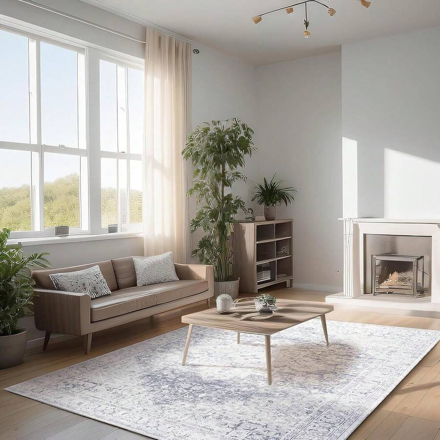 5x7 Washable Boho Neutral Vintage Rustic Earth Tone Area Rug With Rust Terracotta Pattern For Living Room, Dining Room, Bedroom - Light Tan Brown Beige, Modern Farmhouse Style - Slate Gray/Cream - View 1