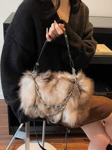 1 geantă de umăr pentru femei, din blană artificială, cu buline, culoare cafea, ombre, cu lanț, la modă pentru toamnă/iarnă