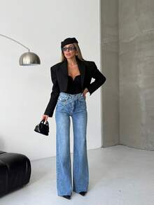 SQUALO Women's Wide Leg Color With Pocket Details Destroyed Retro Washed Street Style Jeans Ripped And Cutout Wide Leg Jeans - Blue - View 10