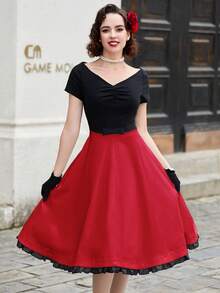 1950s Retro Dual-Color A-Line Party Dress - Red - View 7