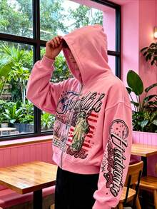 Streetwear Zip-Up Hoodie | Unisex Oversized Graphic Pullover | Y2K Vintage Style - Hồng - Xem 2