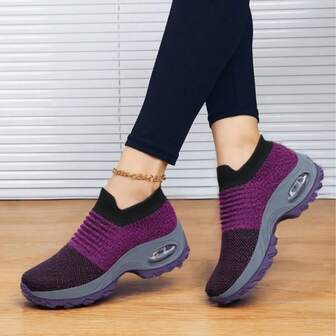女士粉色休闲缓冲减震一脚蹬针织袜式运动鞋，舒适舞蹈服