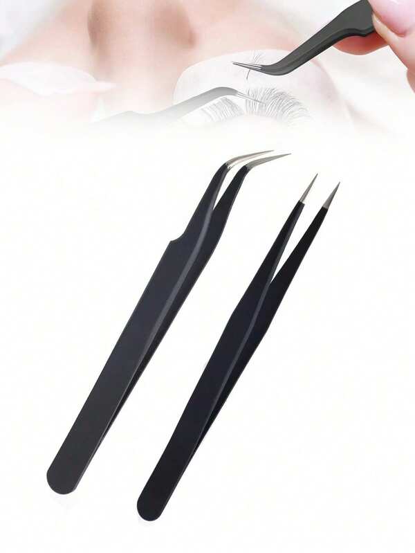 2 pezzi Set di pinzette in acciaio inossidabile, punta nera inclinata e dritta, strumenti per arte di unghie ed estensioni ciglie