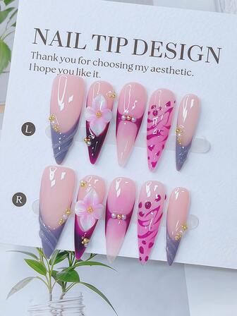 10 piezas Conjunto de uñas de almendra con estilo Y2K - Hechas a mano, uñas rosas, uñas moradas, uñas con puntas francesas moradas, flores 3D hechas a mano, arte de uñas con flores 3D, diseño de rama de flores moradas dibujadas a mano y patrón de gota de agua 3D, con acentos de pequeñas bolas de acero doradas y perlas blancas - Perfecto para fiestas y atuendos casuales
