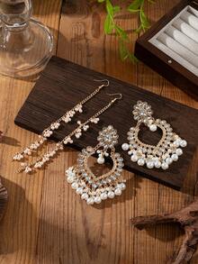 2pcs/Set Vintage Rhinestone Heart Pearl Bell Earrings & Hair Accessories, For Women Wedding Wear - White - View 4