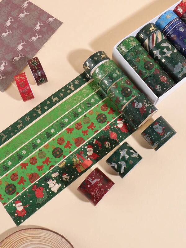 16 لفة/صندوق، شريط واشي ذو طبعات عيد الميلاد الرجعية المطلية بالذهب، بتصاميم رائعة للثلج والغزلان والصنوبر والرجل الثلجي، للاستخدام في الديكور والألبومات الفنية والتغليف، شريط ورقي إبداعي للتزيين