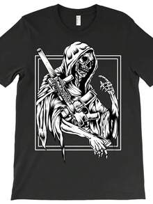 Camiseta de Cuello Redondo de Algodón Puro para Hombre, Estilo Casual, Ajuste Regular, Manga Corta, Tejido de Punto con Estiramiento Medio, Color Sólido con Calcomanía de Calavera y Pistola, 180g/² - Negra, Camiseta Casual| Camisa con estampado de calavera| Camiseta de punto - Negro - Ver 3