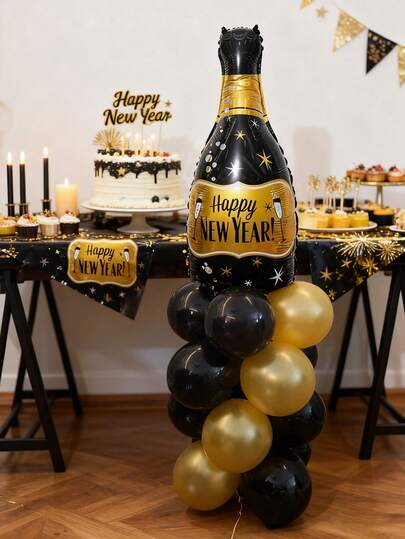 kumozawa 17pcs New Year's Eve Balloon Arrangement, 2026 New Year's Eve Decoration Balloon Set, Black & Gold Round Balloons And Bottle Shaped Balloons With "Happy New Year" Print, Suitable For New Year Party Venue Decoration, 2026 New Year Gala Party Decoration Balloons