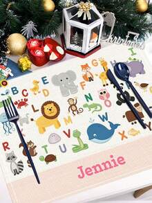 1pc Personalized Name Placemat With Cute Animal & Letter Design, ABC Desk Mat, Name Placemat, Laminated Placemat, Easy To Clean, Linen Material 32*42cm, Suitable For Dining Room, Living Room, Indoor