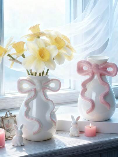 1 pièce Vase en céramique rose mignon avec nœud, décoration d'intérieur exquise, convient pour le bureau de la chambre, arrangement floral romantique, accessoire de table , convient également pour le salon, la coiffeuse ou la décoration d'étagère - ajoute une ambiance charmante, douce et élégante à votre espace