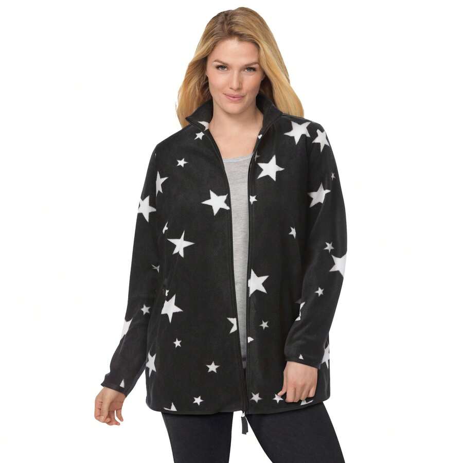 Woman Within Plus Size Zip-Front Microfleece Jacket - BLACK WHITE STARS - View 1
