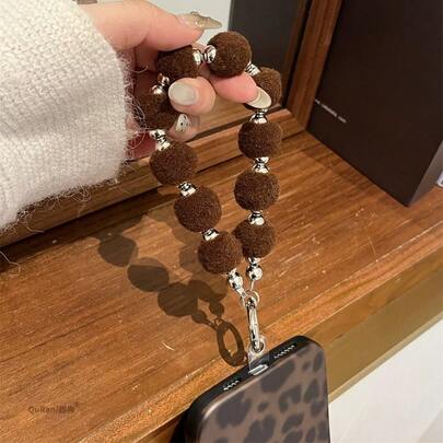 1pc Soft Fuzzy Pom Pom Phone Lanyard, Plush Beaded Ball Short Wrist Strap, Replacement Handle For Handbag, Cartoon Keychain Decor, Water Bottle Strap, Casual Outdoor Daily Use, Autumn/Winter