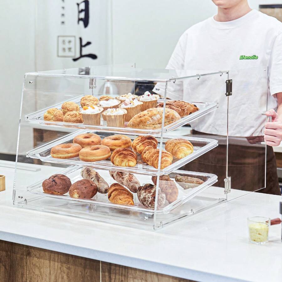 Pastry Display Case, 3-Tier Commercial Countertop Bakery Display Case, Acrylic Display Box With Rear Door Access & Removable Shelves, Keep Fresh For Donut Bagels Cake Cookie - 無色 - 查看 1