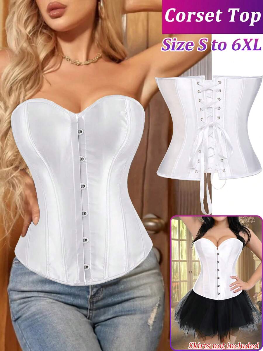 Satin Women Overbust Corset Lace Up Bustier Top Burlesque Basque Halloween Costume Cosplay Body Shaper Shapewear Lingerie Cincher Plus Size Boned - White - View 1