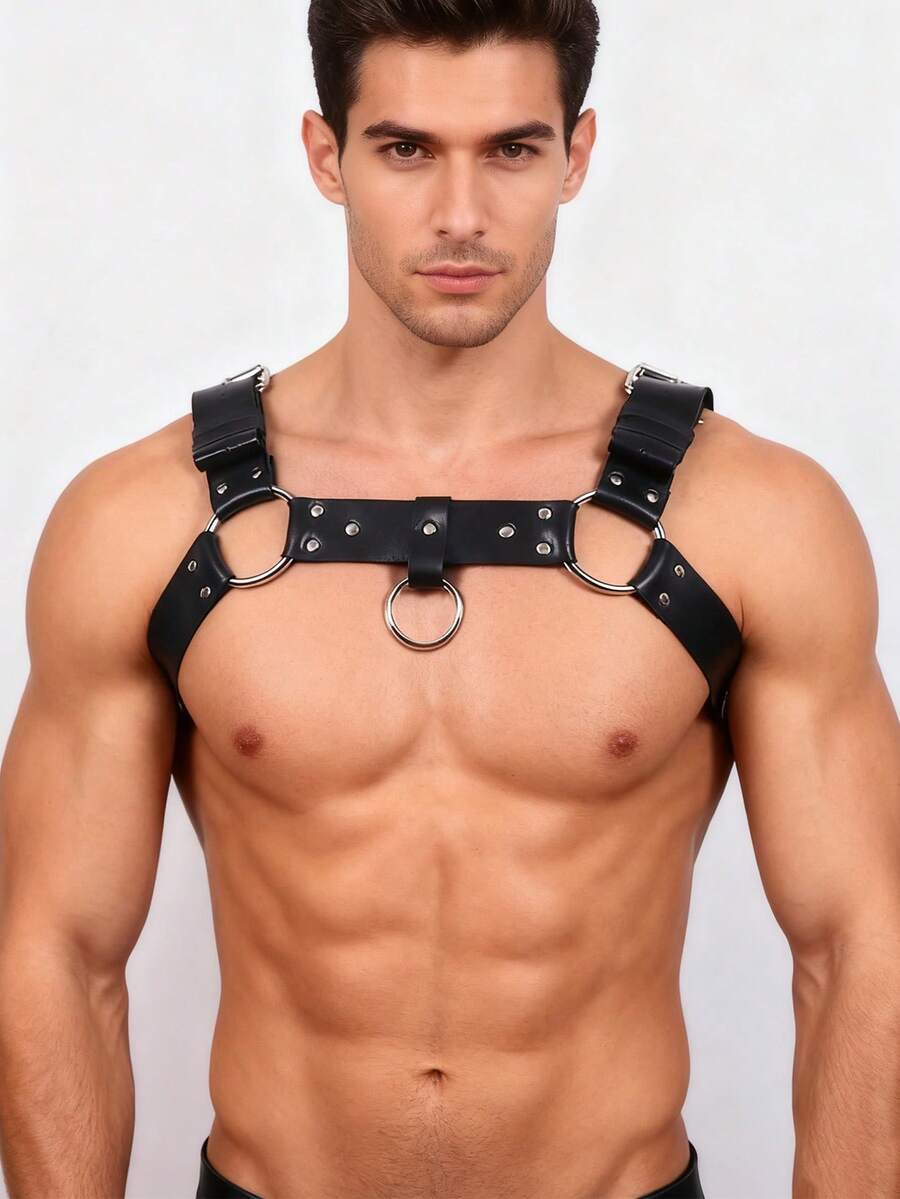 Chaleco de hombre de piel sintética negra con correa para el hombro, accesorio gótico masculino con correa ajustable, regalo del Día de San Valentín, elección de looks de temporada de fiestas - Negro - Ver 1