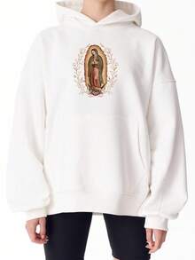 Our Lady Of Guadalupe Virgin Mary Hoodie, Mother Hoodie, Latina Hoodie Gift For Catholic Mom, Vintage 90s Y2K - Soft, Breathable Crew Neck, Lightweight & Comfortable Casual Summer Wear, Women's Tops, White - White - Hoodie - 查看 3