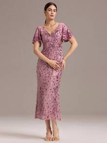 EVERPRETTY Elegant Short Sleeve Light Pink Semi-Formal Cocktail Dress Suitable For Evening Gala - Dusty Pink - View 7