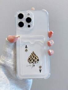 Poker 1pc Leopard Print Black Head A Pattern Transparent Shockproof TPU Phone Case, Can Be Used As Holiday Gift To Store Photos, Cards, Compatible With Apple Xs/Xsmax/Xr/11 12 13 14 15 16pro/Promax/14 15 16plus/17 - Clear - View 2