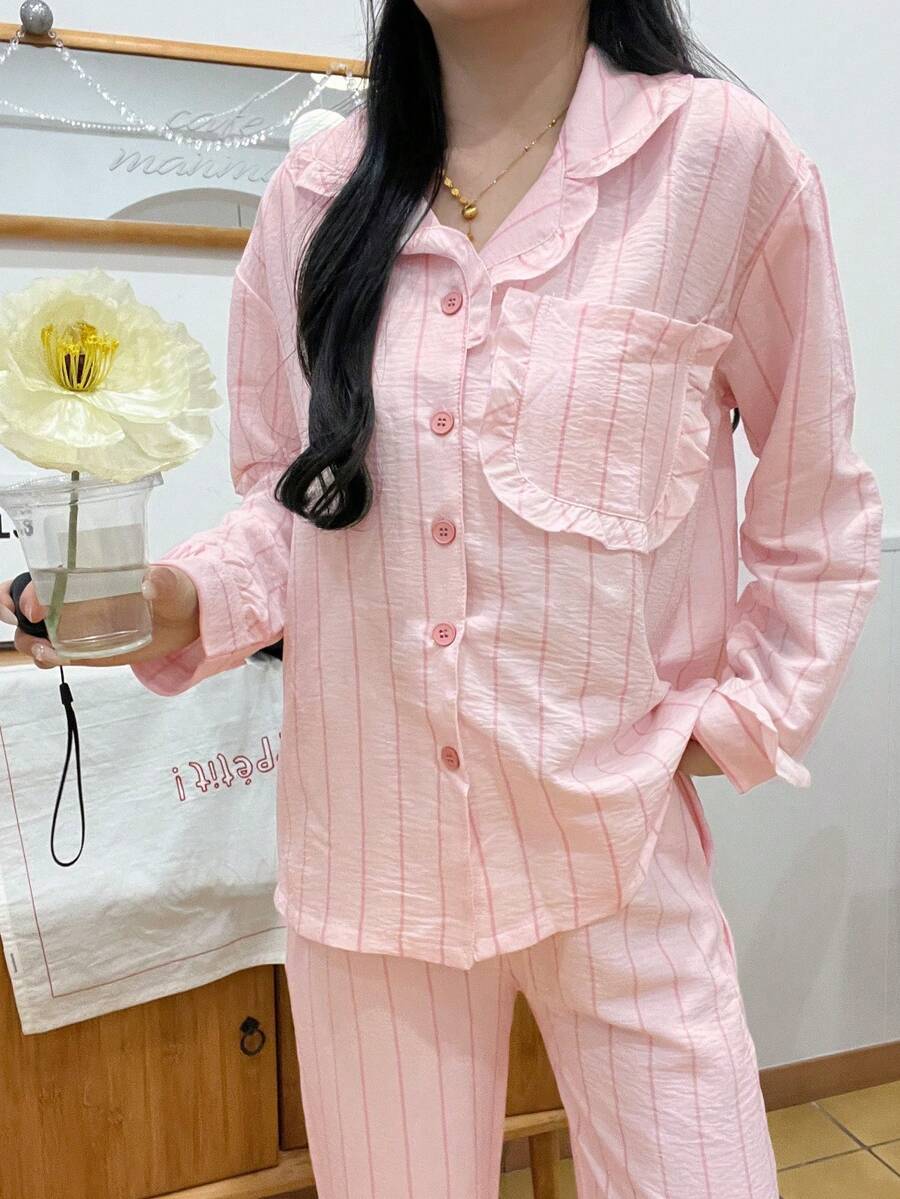2pcs Women Pajama Set, Pink Vertical Striped Lapel Top With Frill Trim, Comfortable Pants, Suitable For Home & Leisure, All Seasons - Pink - View 1