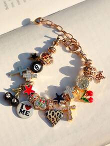 1pc Cute Red Cherry Charm Bracelet, Leopard Print Star Girl Bracelet, Black 8 Ball Dark Bracelet, Cross Star Bracelet, Punk Music Festival Bracelet