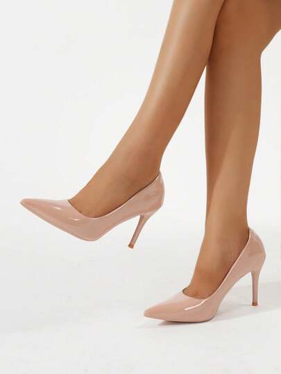 أحذية نسائية ذات لون أساسي من جلد البولي يوريثان اللامع ذات كعب عالي، مناسبة للنادي الليلي والزفاف والربيع/الخريف